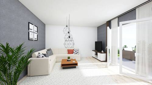 Wohnzimmer - Neubau-Erstbezug! Rollstuhlgerechte EG-Wohnung mit Terrasse, kleinem Garten & Tiefgaragenstellplatz