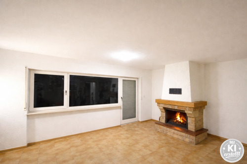 Wohnzimmer mit Kamin - Leerzustand m KI erstellt - 2 Zimmer Etagenwohnung zum Kaufen in Dietzenbach