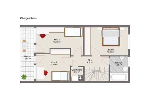 Obergeschoss mit Mustermöblierung - 