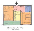Grundriss mit Wohnzimmer, Schlafzimmer, Küche, Bad, Flur und Loggia - 