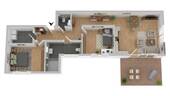 Wohnung Nr. 3 (ca. 90m² Wfl.) im Erdgeschoss - 3D-Grundriss - Möblierung nur als Beispiel - 