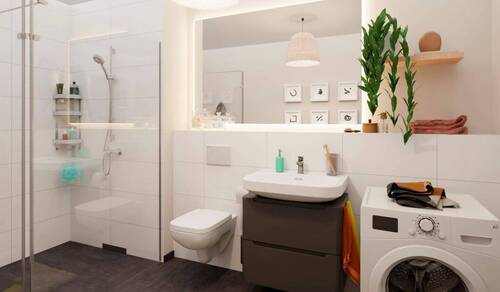 Eine bodengleiche Dusche gestaltet die Morgenrouti - Etagenwohnung mit 60,80 m&sup2; in Düsseldorf zum Kaufen