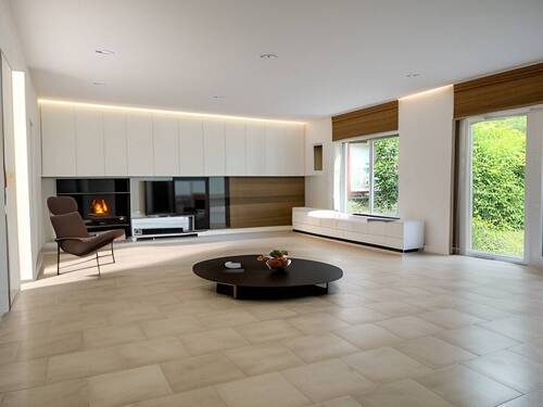 Wohnzimmer KI Staging - Doppelhaushälfte mit 204,00 m² in Bergheim zum Kaufen