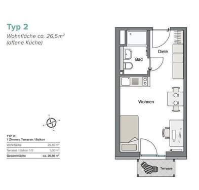 Typ 2_25,6 qm_1 Zi mit Terrasse_Balkon_offene Küch - 