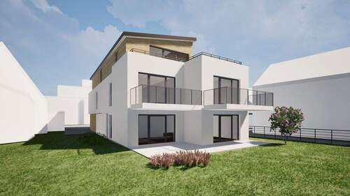 Rückseite 3D - 4-Zimmer-EG-Whg., direkte Rheinlage, Neubau, eigener Garten, provisionsfrei