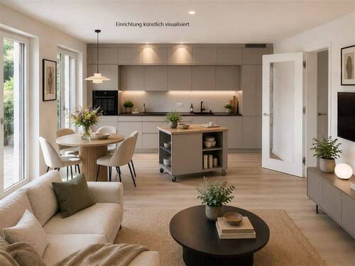 Einrichtung künstlich visualisiert - Exklusive 3 Zimmer Neubauwohnung mit Terrasse und Designküche in begehrter Blankeneser Lage - Erstbezug !
