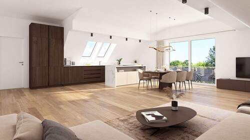 Visualisierung Wohnzimmer (KI-generiert) - Penthouse-Feeling im Märchenviertel: Exklusive Neubau-Dachgeschosswohnung