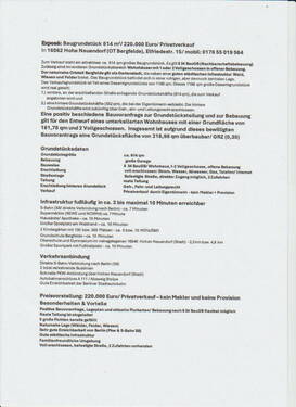 Kurz-Exposé - Privatverk. Baugrundstück 614 qm 7 km von Berlin in 16562 Hohen Neuendorf OT Bergfelde