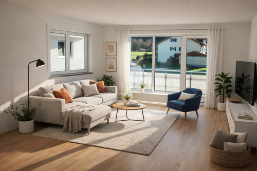 Wohnzimmer mit KI generierten Dekoration / Einrichtung - 3 Zimmer Etagenwohnung zum Kaufen in Füssen