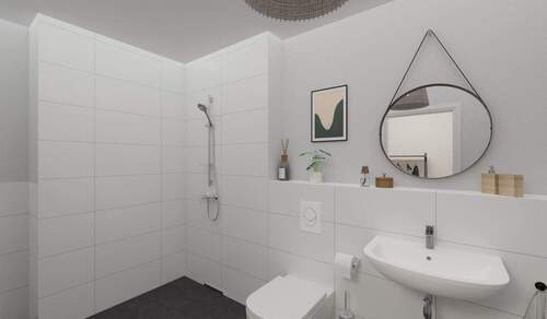 Visualisierung des Badezimmers der Eigentumswohnung - 1 Zimmer Terrassenwohnung in Langen