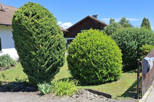 Durch Büsche und Sträucher von der Straße abgeschirmt, bietet der Garten Ruhe und Privatsphäre - 