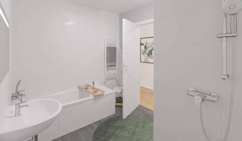Modern gefliestes Badezimmer mit Badewanne - 