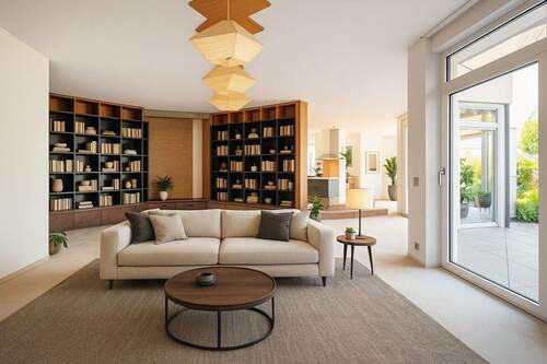 Visualisierung Wohnzimmer mit maßgefertigtem Couchtisch und großzügiger Fensterfront - 