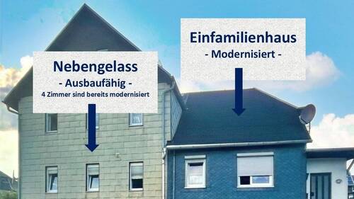 Frontfoto vom Haus - Wohnen und Arbeiten in einem ? Oder als Mehrgenerationen-Haus fertig ausbauen ? Alles geht !