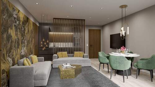 Beispieleinrichtung Wohnung 2: Wohnen und Küche - Mehrfamilienhaus, Wohnhaus mit 437,00 m&sup2; in Garmisch-Partenkirchen zum Kaufen