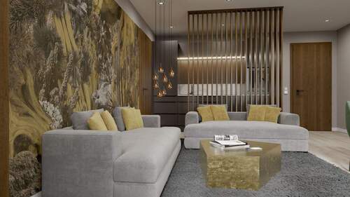 Beispiel Einrichtung Wohnen und Küche - Neubauprojekt 'Alpspitz-Suiten Lazarettstraße' Suite Nr. 6