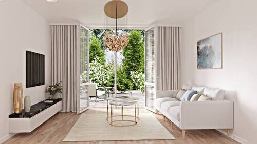 Offener Wohnbereich mit Zugang zu Westterrasse - NeubauREH mit herrlich sonnigem Garten in unmittelbarer Nähe der Allacher Lohe im KfW40-Standard errichtet