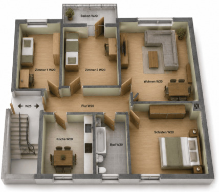 Grundriss 3D - 4-Zimmer-Eigentumswohnung 84m² mit Balkon & Fernblick - sofort bezugsfrei in Idar-Oberstein