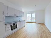 Ansicht I: Wohn- und Esszimmer mit offenem Küchenbereich - Moderne 2-Zimmer-Wohnung mit offenem Küchenbereich und Balkon in Neukölln