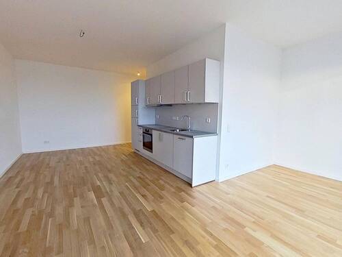 Ansicht III: Wohn- und Esszimmer mit offenem Küchenbereich - 2 Zimmer Etagenwohnung in Berlin