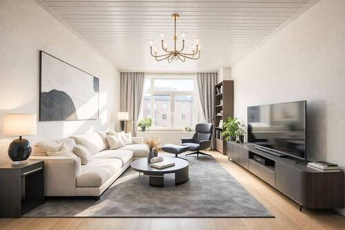 Wohnzimmer (virtuell möbliert) - 2 Zimmer Etagenwohnung zum Kaufen in Düsseldorf