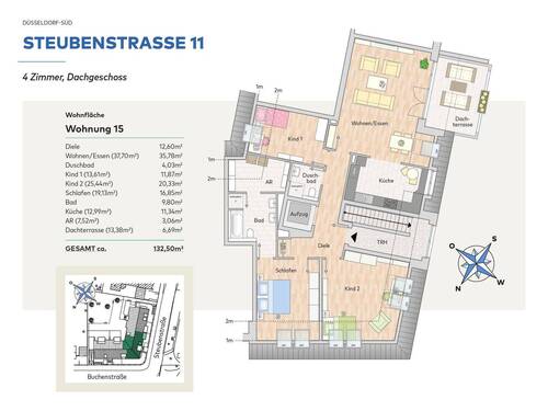 Düsseldorf - Steubenstr 11 - Whg 15 - Etagenwohnung mit 132,50 m&sup2; in Düsseldorf zur Miete