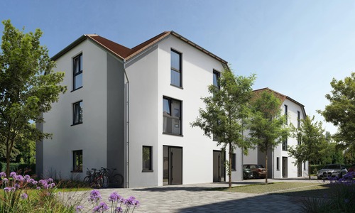 Ansicht aus Zufahrt - Neubau-Doppelhaushälfte in Richen