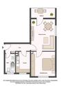 Grundriss mit Flur, Tageslichtbad, Küche, Wohnzimmer, Schlafzimmer und Balkon - 