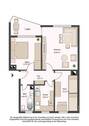 Grundriss mit Flur (5,87 m²), Tageslichtbad (4,38 m²), Küche (6,04 m²), Wohnzimmer (18,66 m²), Schlafzimmer (12,14 m²), Kinderzimmer (11,13 m²) und Balkon - Etagenwohnung mit 58,70 m&sup2; in Darmstadt zur Miete