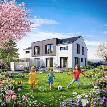 Spielende Kinder im blühenden Garten - Bien-Zenker: Doppelhauspartner in Hamburg-Volksdorf gesucht