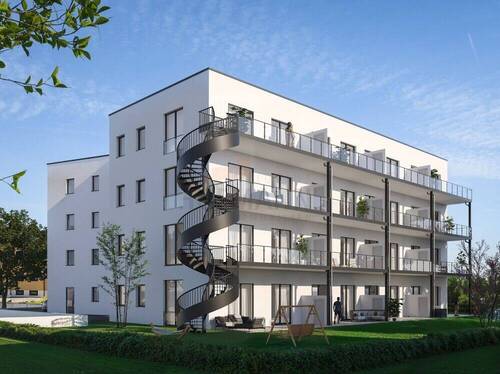 Ansicht von Garten - Sanderhof. Würzburg. Anders Wohnen. 4 Zimmer Neubau EG Wohnung, Terrasse und Garten