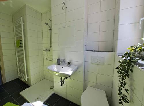 neu saniertes Bad (Duschabtrennung fehlt noch) - Sehen, staunen, einziehen - niedliche, modern sanierte 3-Raum-Wohnung mit Dusche und Vinylbelag im Grünen von Niederdorf
