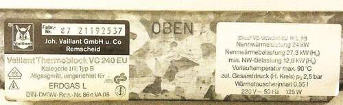 Vaillant Thermoblock VC 240 EU / Typenschild - 