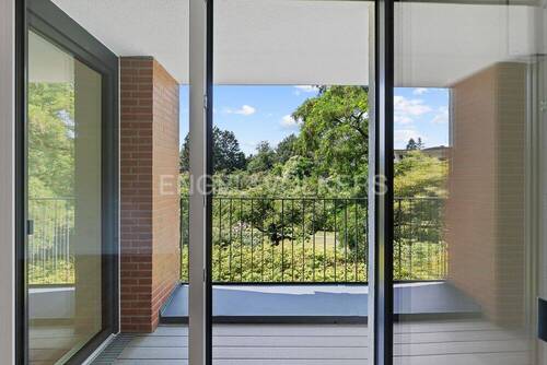 Balkonsicht durch das bodentiefe Fenster - 