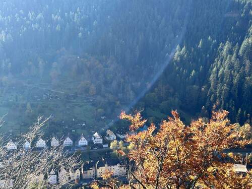 herbstlicher Blick von der Burg aufs Haus - 
