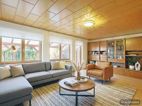 [KI-optimiertes Foto] Großzügiger Wohnbereich mit Zugang zur Terrasse und dem Garten - 