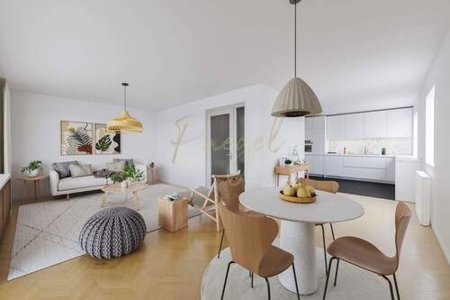 Offener Wohn-/Küchenbereich visualisiert - 4 Zimmer Doppelhaushälfte zum Kaufen in Berlin