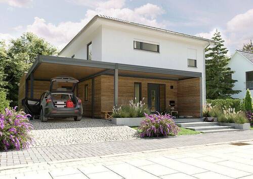 Einfamilienhaus-Flair-124-Kubus-Carport-Erweiterung-Holz-Strassenansicht.jpg - Hausbau in Marl – modernes Stadthaus mit Grundstücksservice