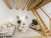 Visualisierung: Wohnzimmer mit Aufgang zur Galerie - Charmante 2-Zimmer-Dachgeschosswohnung mit offenem Wohnkonzept