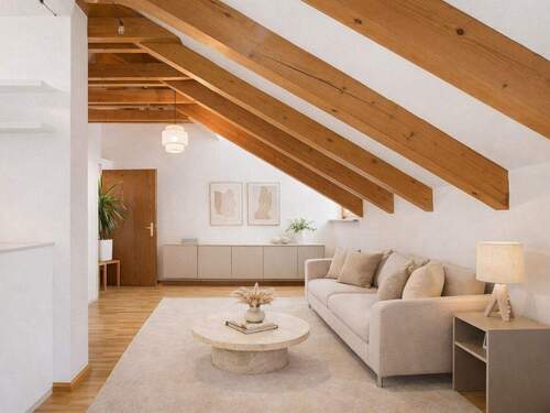 Visualisierung: Blick in den gemütlichen Wohnbereich mit charaktervollem Dachbalken - 2 Zimmer Etagenwohnung in München