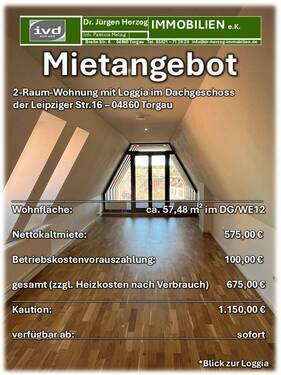 Infos - 2-Raum-Wohnung im DG mit Loggia, Fahrstuhl im Treppenhaus und Tageslichtbad