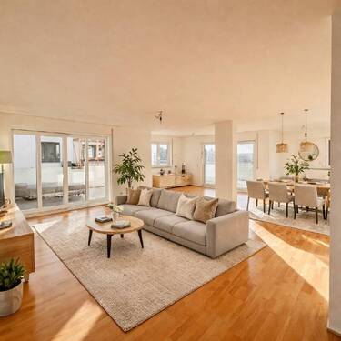Helles skandinavisches Wohnzimmer und Essbereich - 4 Zimmer Etagenwohnung in Ravensburg