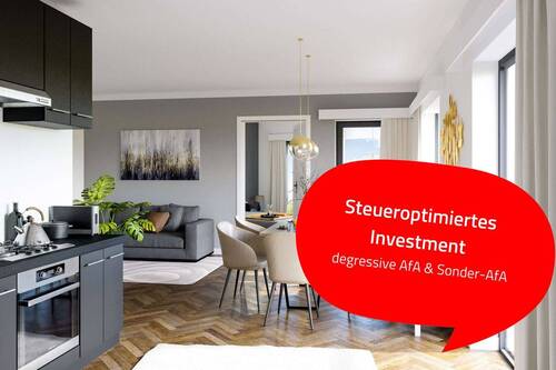 Visualisierung Wohnen / Küche - Moderne 2-Zimmer-Erdgeschosswohnung mit Südterrasse
