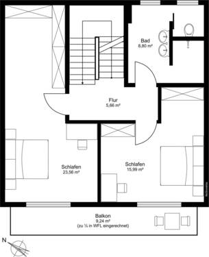 Obergeschoss mit 58,63qm Wohnfläche / Südwest-Balkon mit 9,24qm zu 1/2 in WFL eingerechnet - 