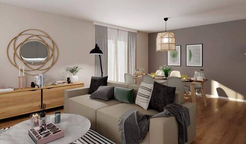 Großzügiger Wohnbereich mit offener Küche und angr - 