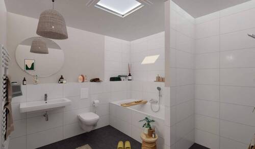 Modernes Badezimmer mit bodengleicher Dusche und Badewanne - 