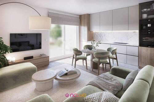 Whg. 8 - Blick ins Wohnzimmer und in die Küche mit Zugang zum Balkon - Etagenwohnung mit 92,30 m&sup2; in Wolfenbüttel zum Kaufen