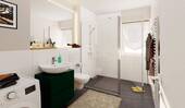 Badezimmer mit Dusche, Fenster und Waschmaschinenanschluss - 