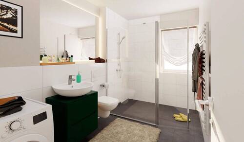 Badezimmer mit Dusche, Fenster und Waschmaschinenanschluss - 