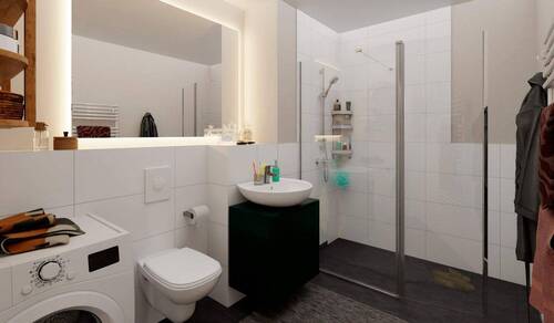 Badezimmer mit Dusche und Waschmaschinenanschluss - Etagenwohnung mit 74,80 m&sup2; in Berlin zum Kaufen